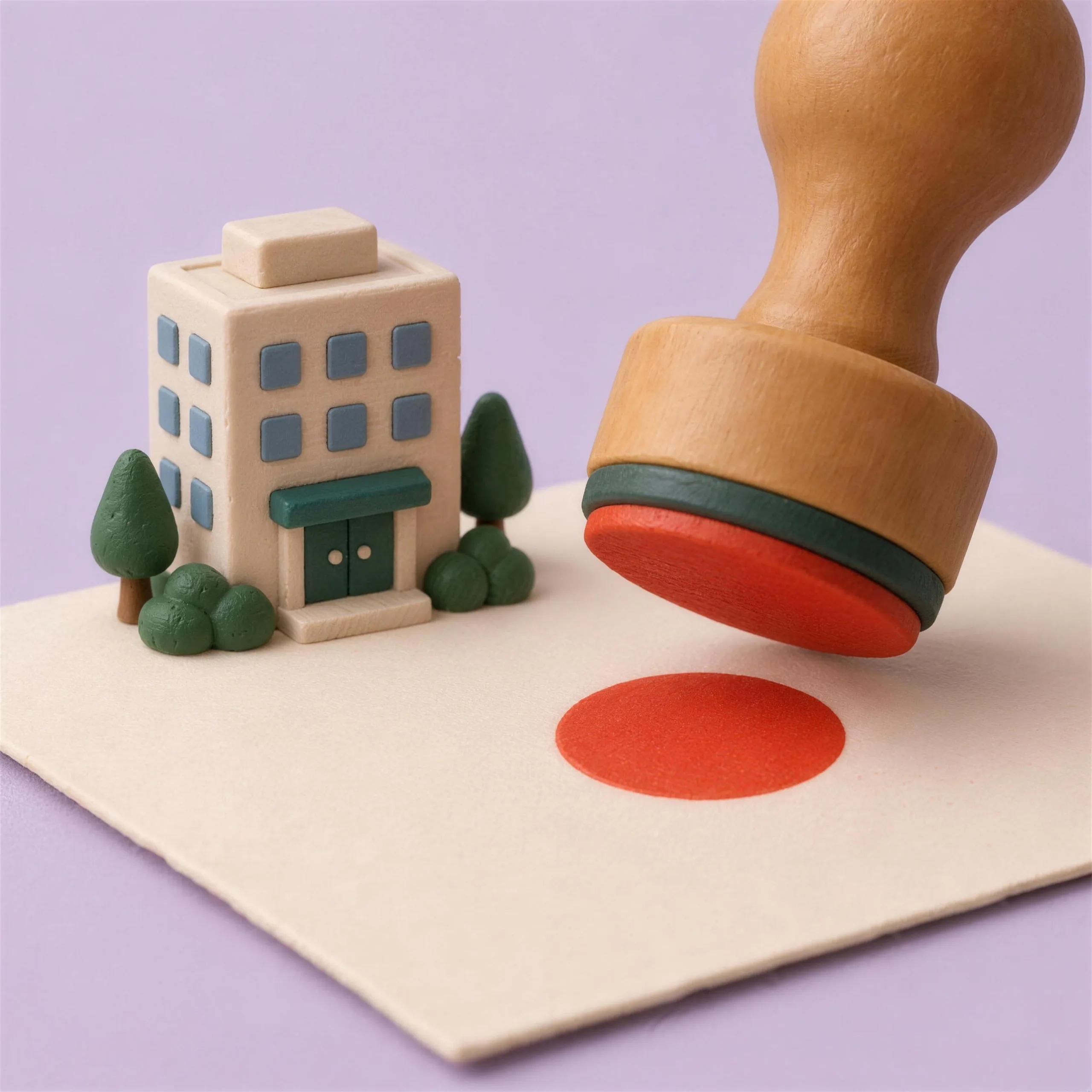 Illustration: Stempel setzt einen roten Punkt neben ein Bürogebäude